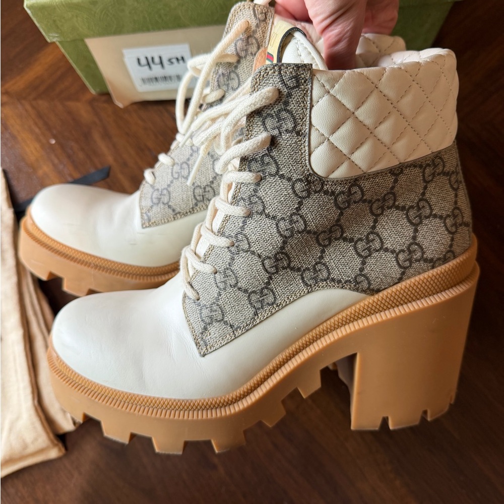 Gucci Apollo White Leather & Beige GG Canvas Platform Lug Lace-Up Boot - Picture 8 of 9